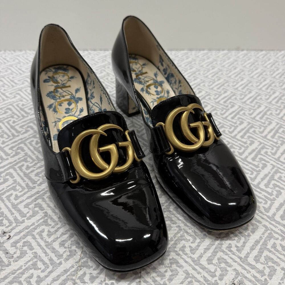 Gucci GG Marmont Black Patent Leather Victoire Mid Block Heel Loafer Pump 37.5
